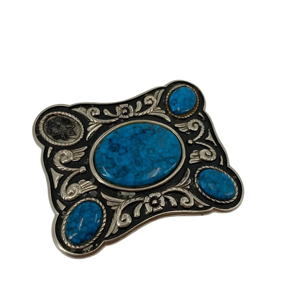 Belt Buckle OS Blue Faux Turquoise Silver‎ Tone Western Floral